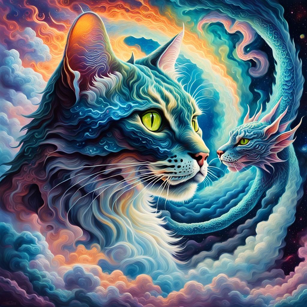 Surreal Cat-Dragon Hybrid in Astral Clouds