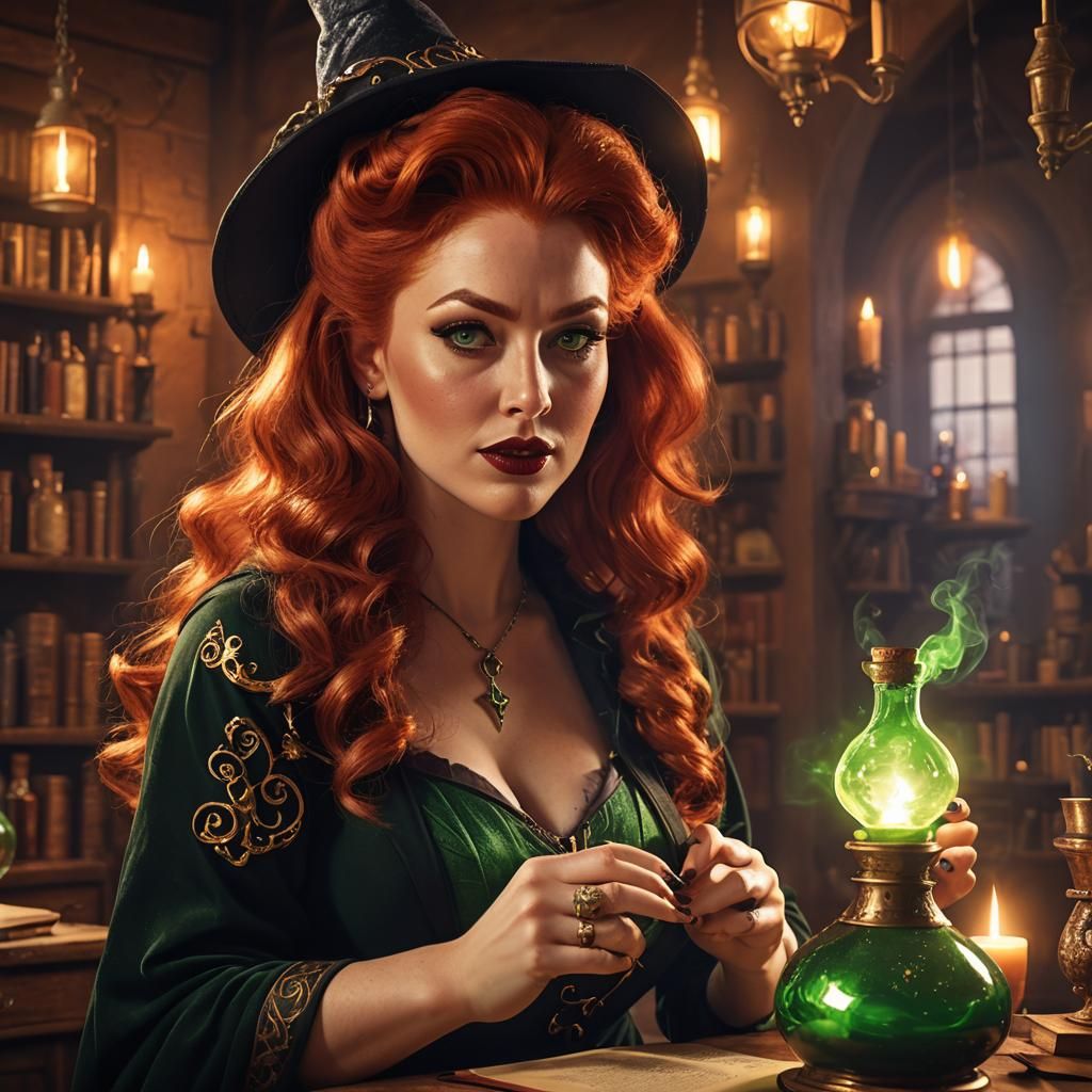 Sensual Red-Haired Witch Opening Potion, Digital Matte Paint...