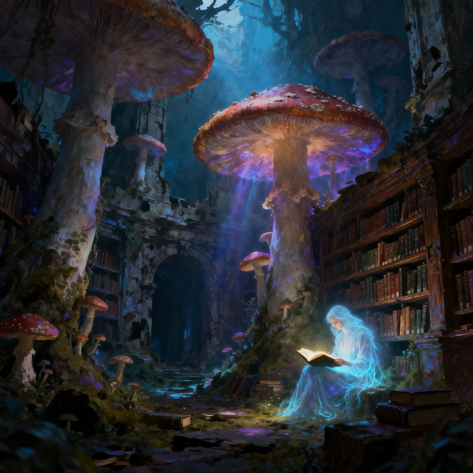 A surreal landscape where giant, mushrooms grow in the ruins of an ancient, abandoned library. A single, spectral figure...