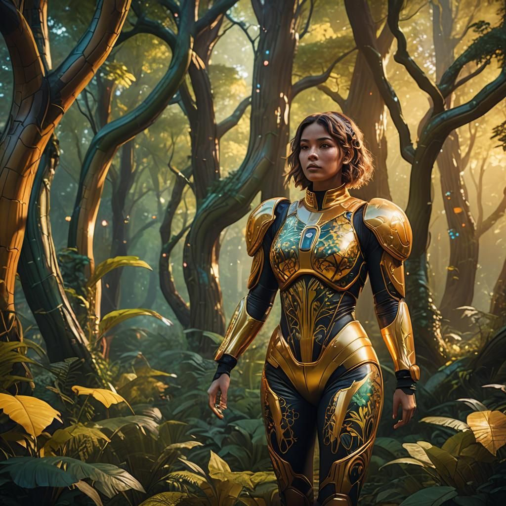 Woman in Inflatable Suit in Mystical Forest