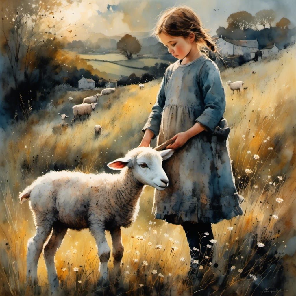Girl and Lamb in Morning Light, Watercolor Art