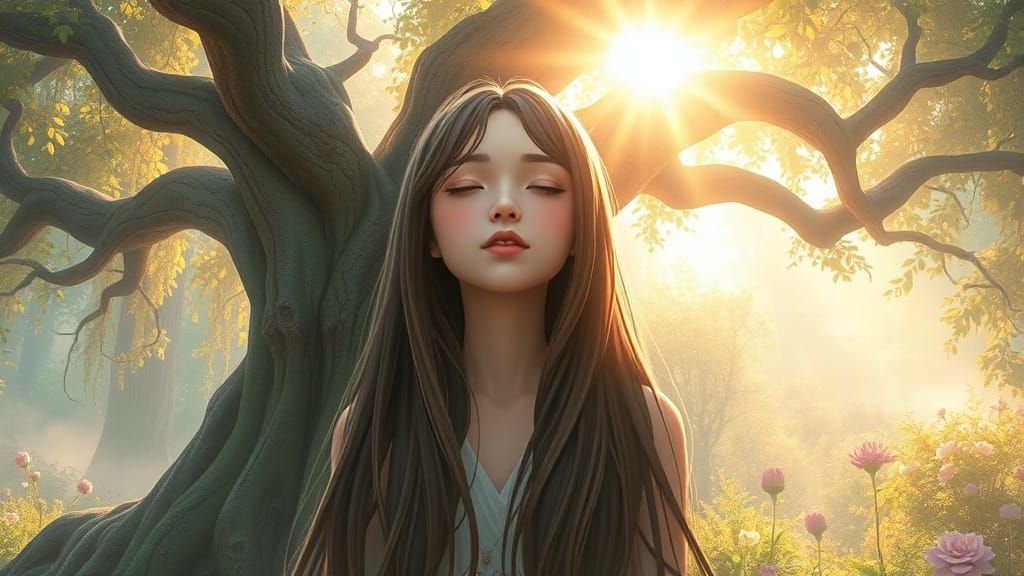 Anime Girl Meditating in Ethereal Art Nouveau Forest