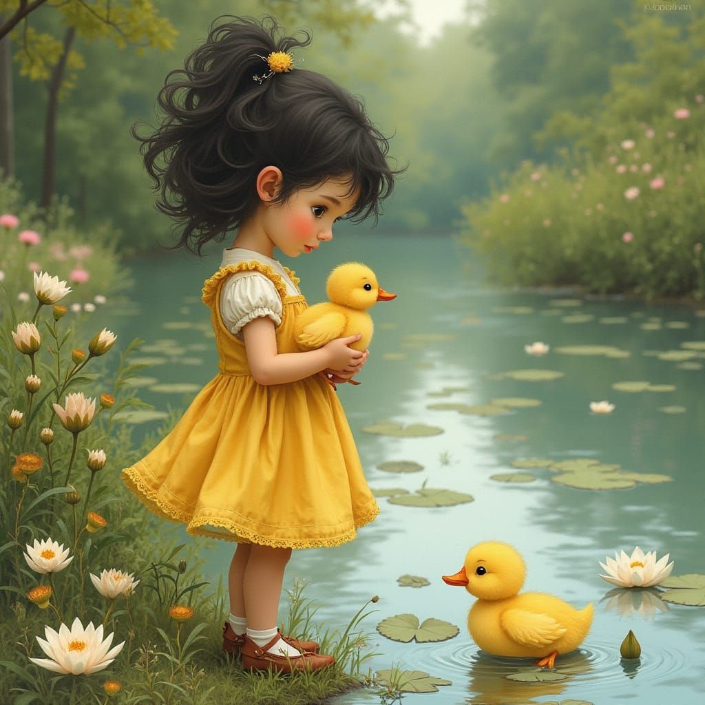 Whimsical Girl Holds Baby Duck by Serene Pond
