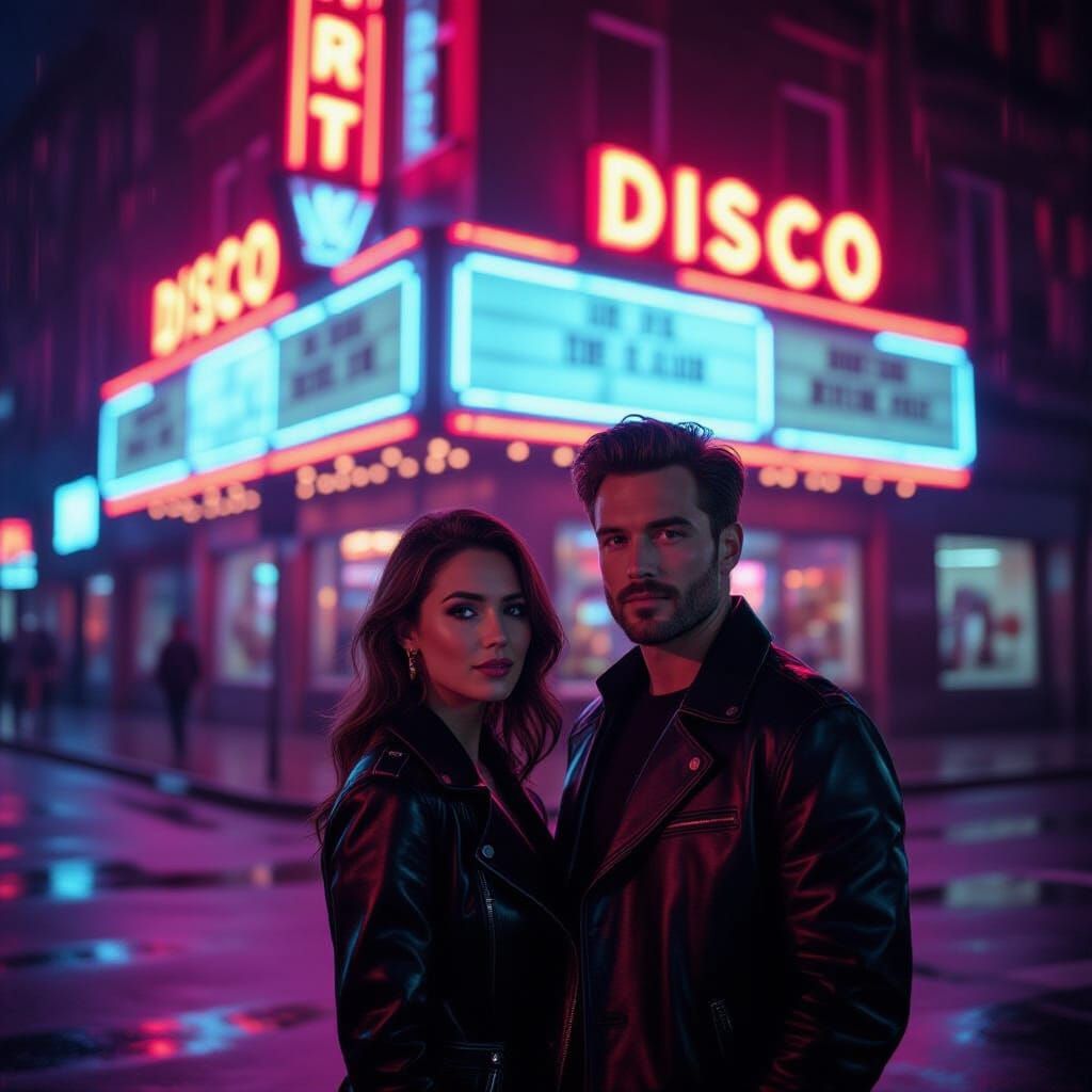 Couple Smiles in Neon Discotheque Glow