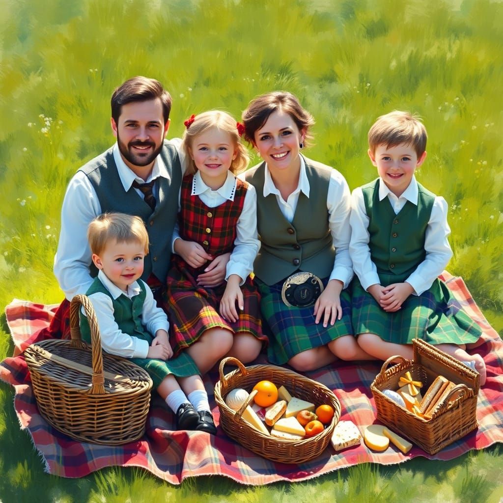 Scottish Family Picnic in Vibrant Tartan Kilts