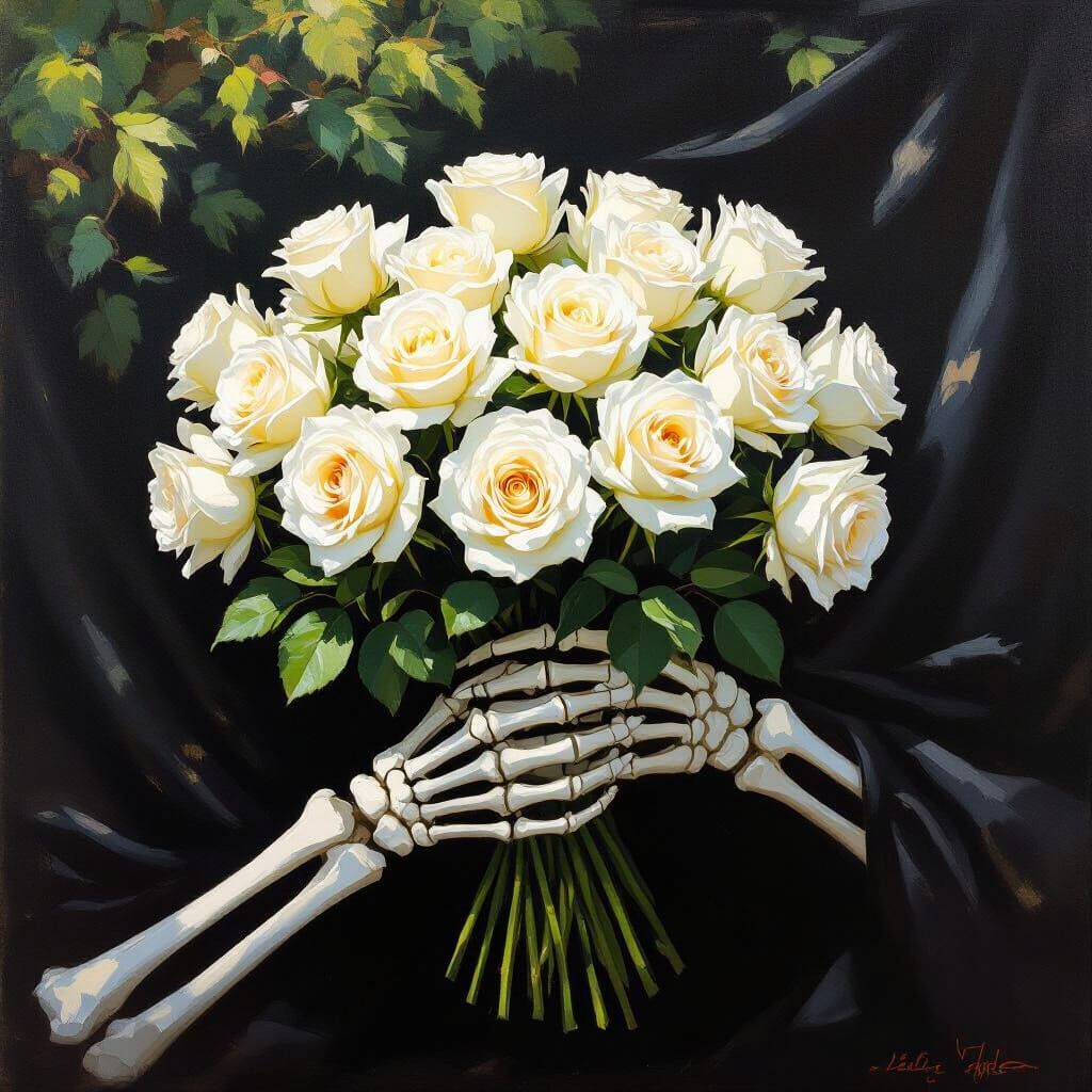 Monet-Style Skeletal Hands Holding White Roses on Black Silk