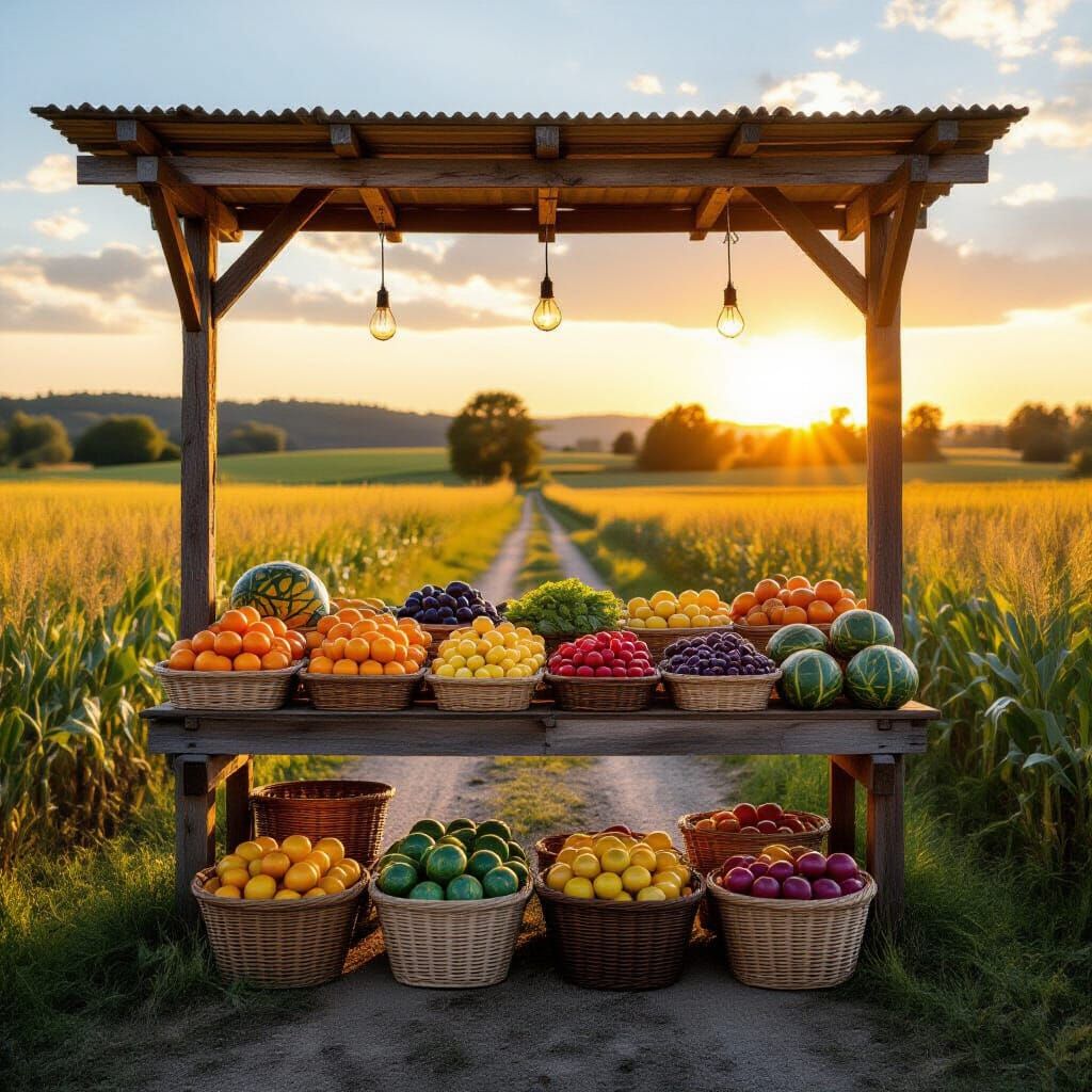 Rustic Fruit Stand at Sunset: Photorealistic Style