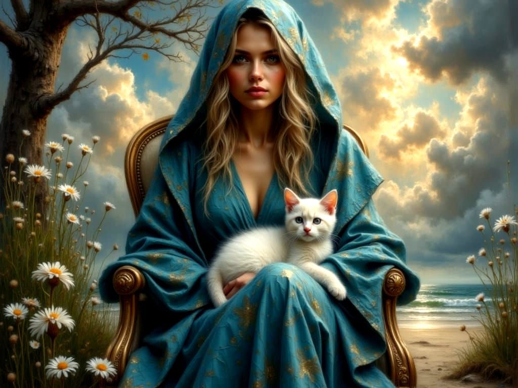 Woman Relaxing with White Kitten in Cosmic Armchair