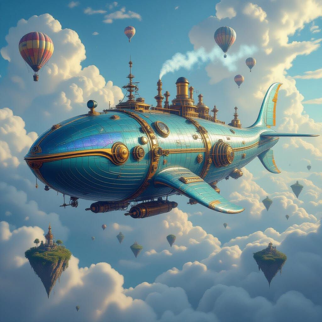 Steampunk Whale Rocket Ship in Fantasy Sky