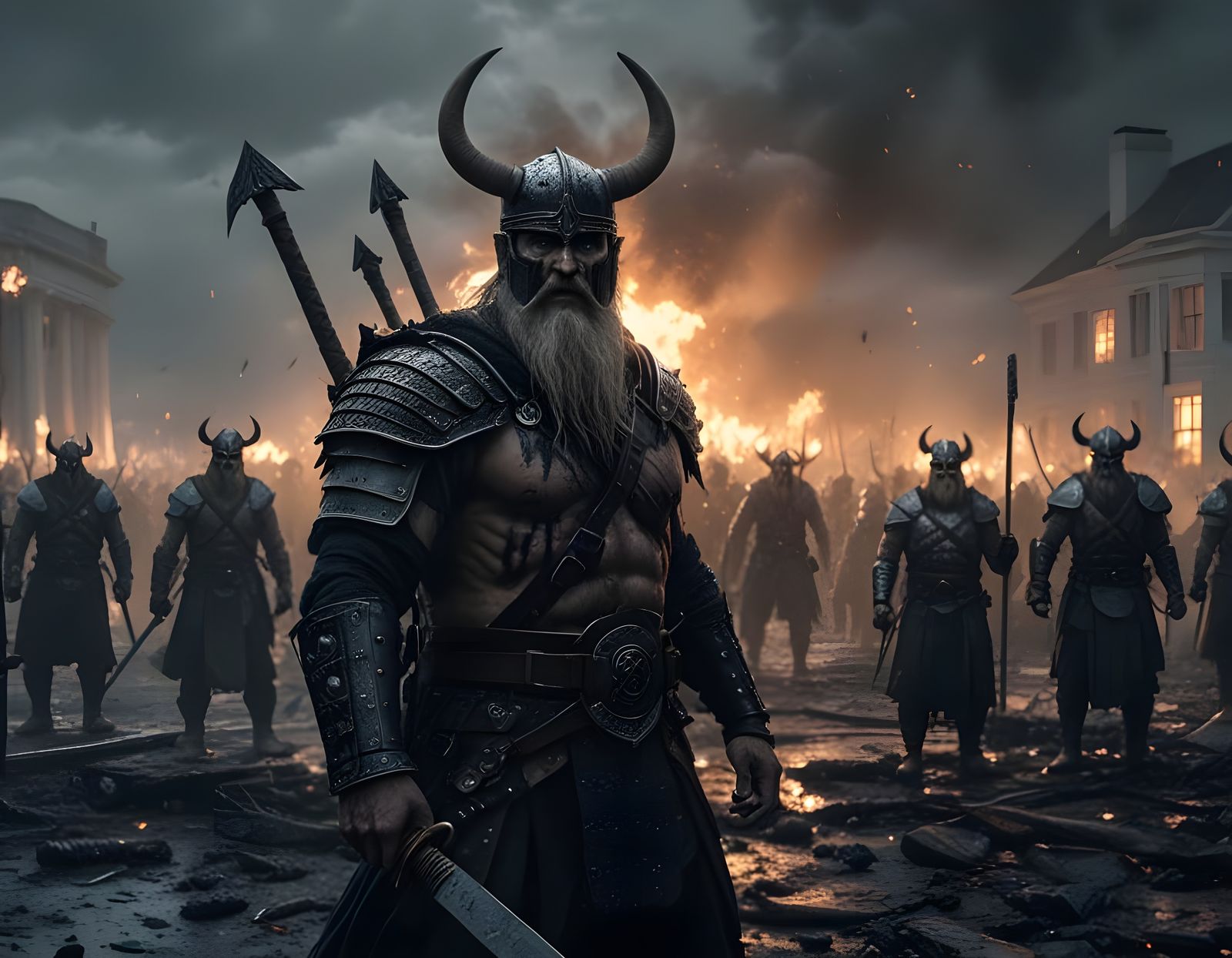 Vikings Attack Burning White House Under Evil Moon