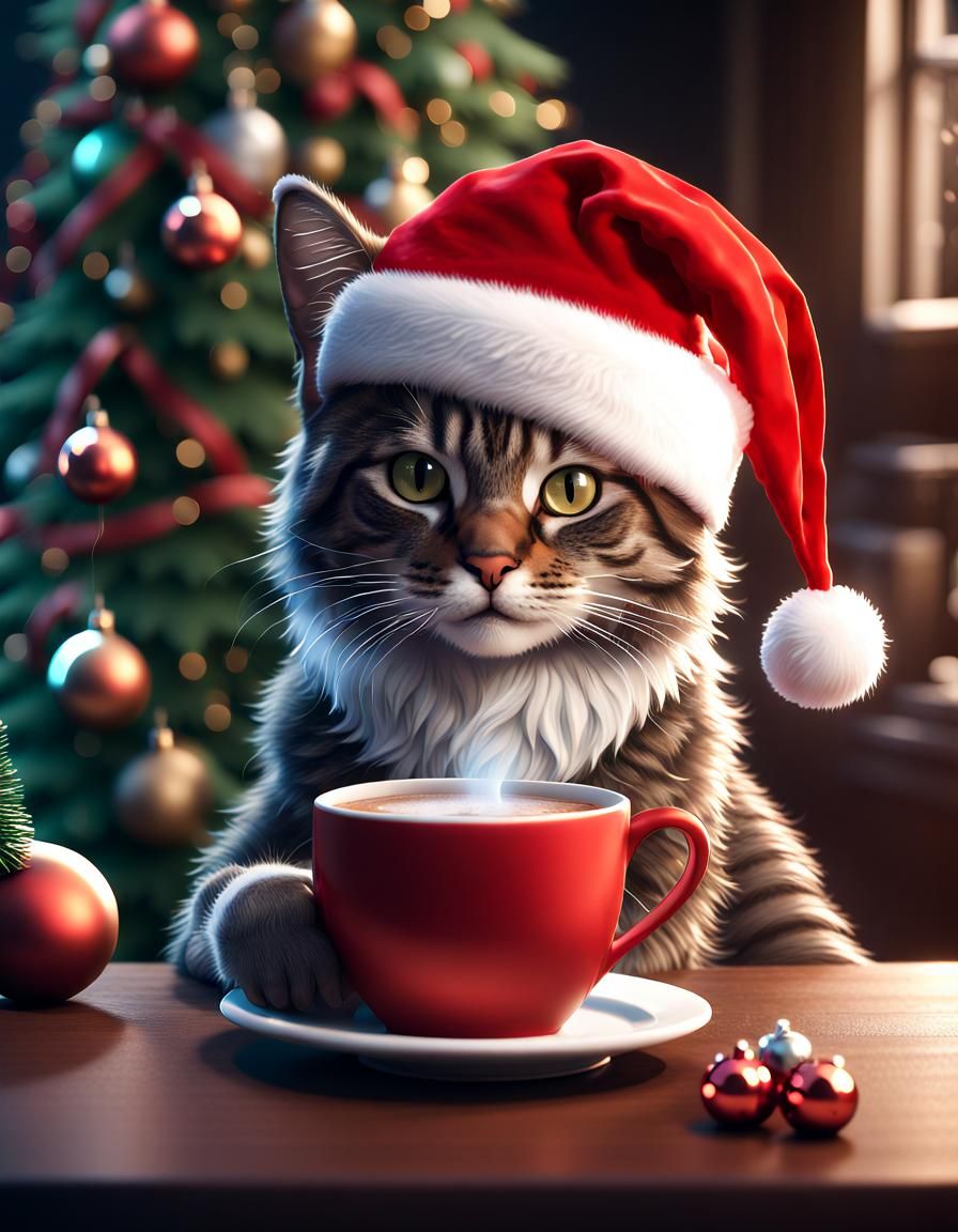 Cat in Santa Hat Drinks Hot Chocolate: 8K Art