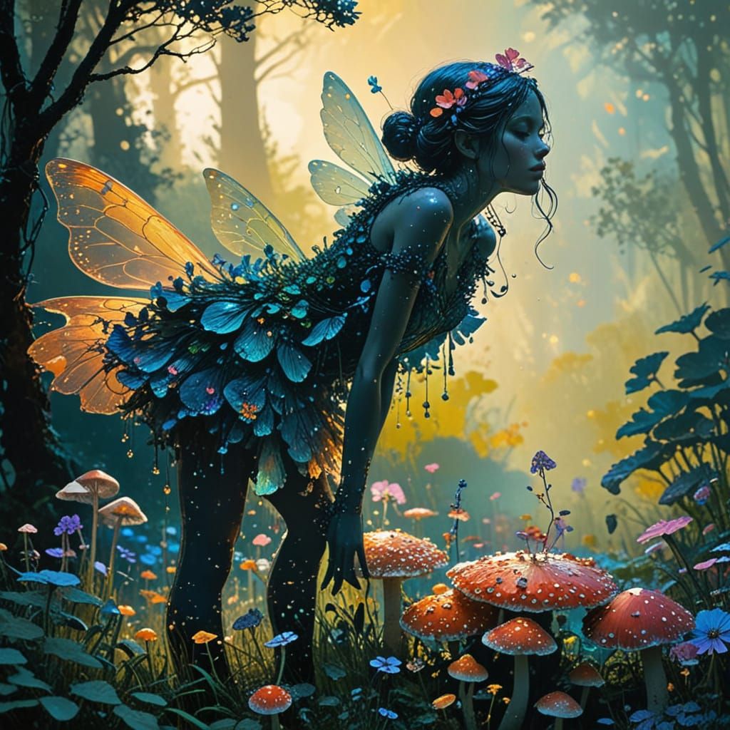 Tiny Fairy Silhouette on Mushroom in Vibrant Colors