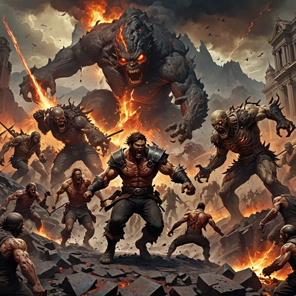 Volcanic Battle: Men vs Zombies in Fantasy Art