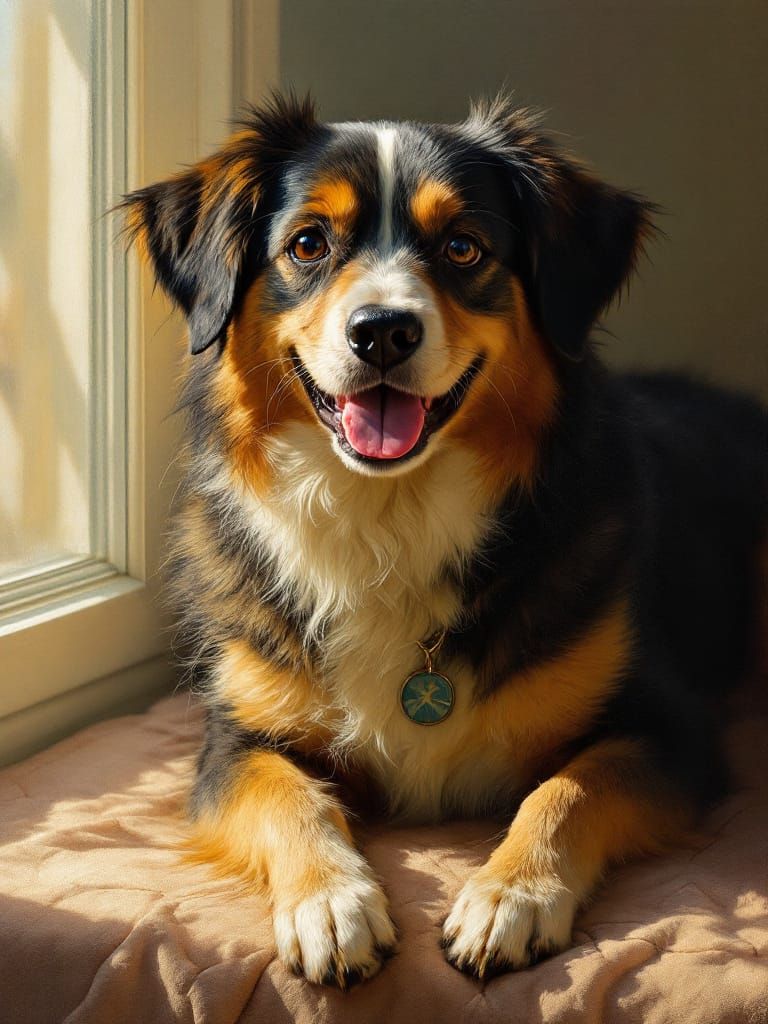 Dog in Sunlight with Glowing Fur and Tongue Out