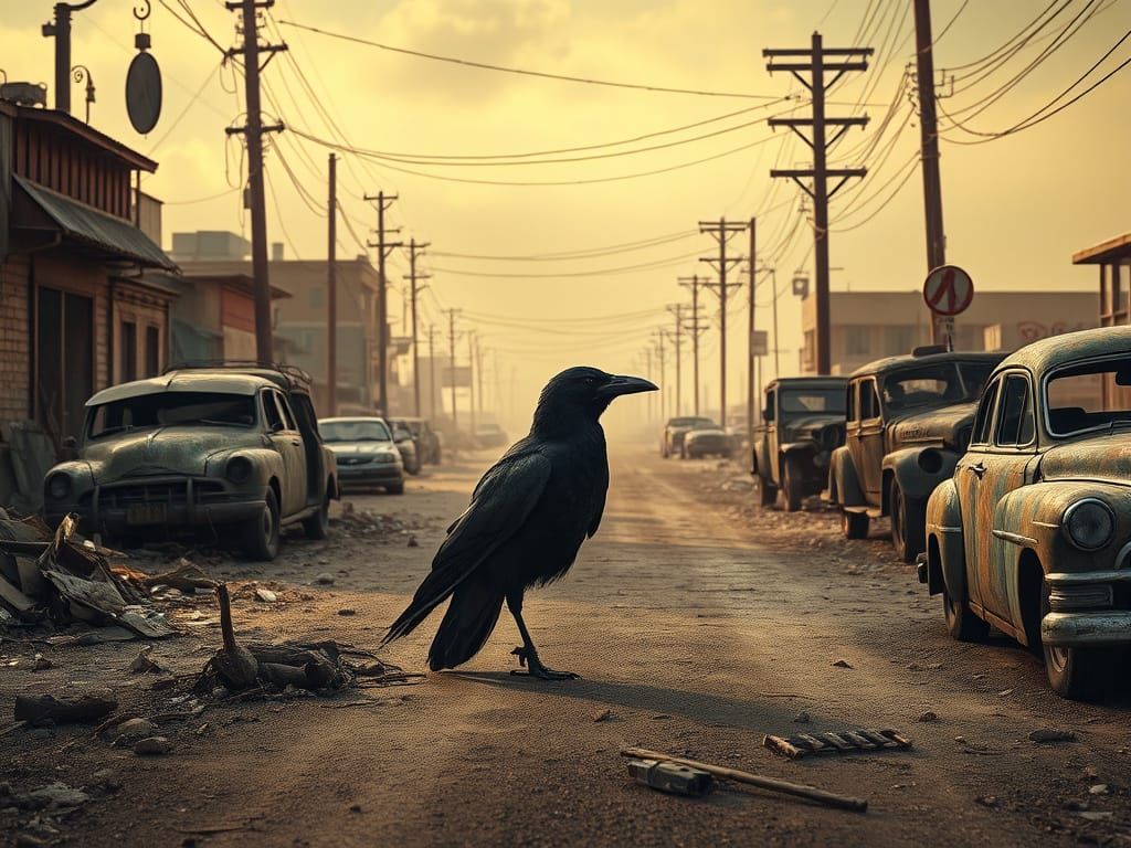 Post-Apocalyptic Crow in Whimsical Desolation