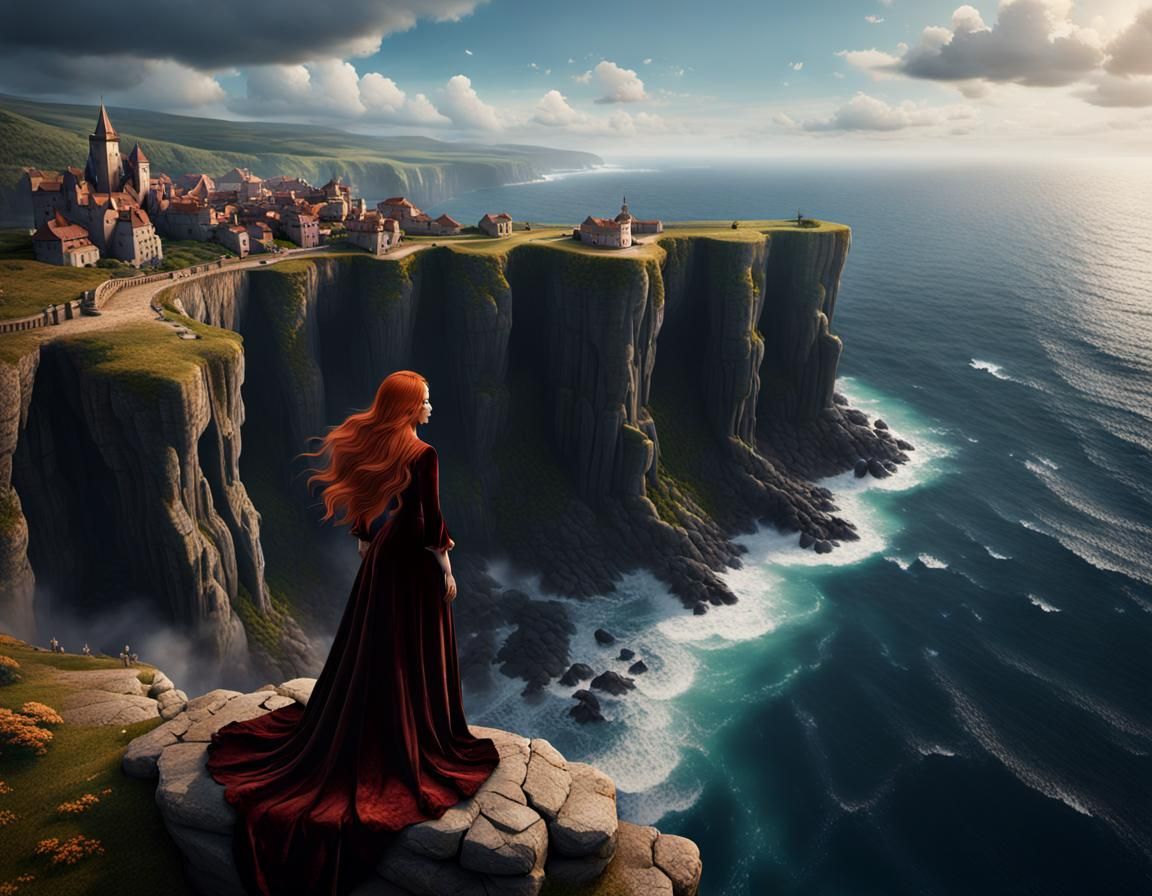 Woman Overlooking Sea: Detailed Matte Painting