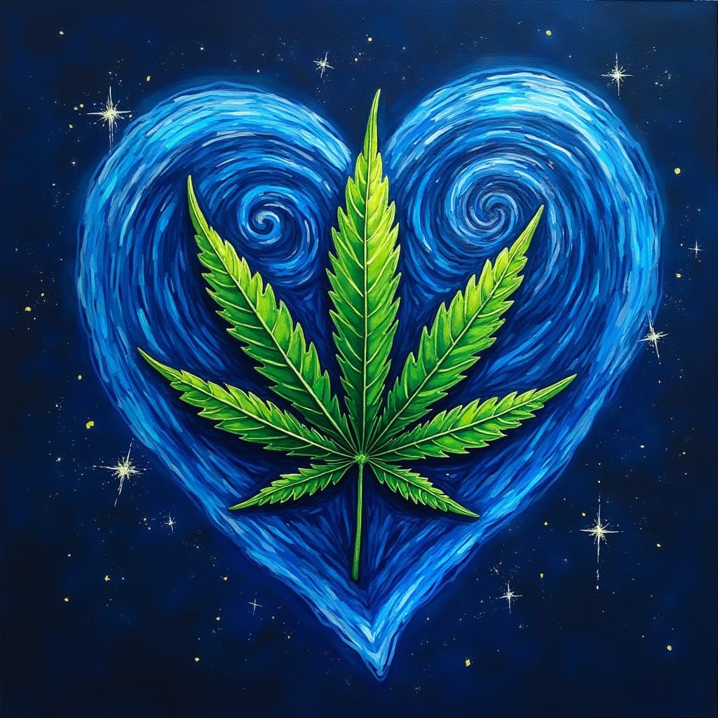 Marijuana Leaf Heart in Van Gogh Style