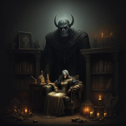 Mysterious Dark Fantasy Scene with Treasure and a Hauntingly...