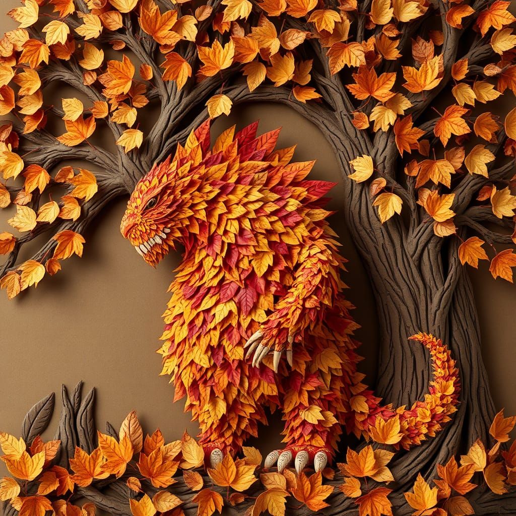 Autumn Leaf Monster in Paper Cutout Style