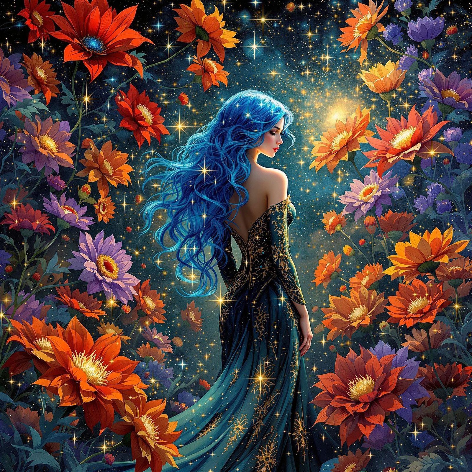 Elegant Woman in Cosmic Garden Digital Painting