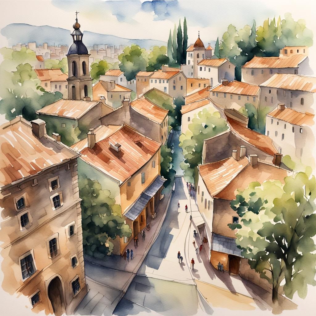 Old Town Watercolor Sketch in Impressionist Style