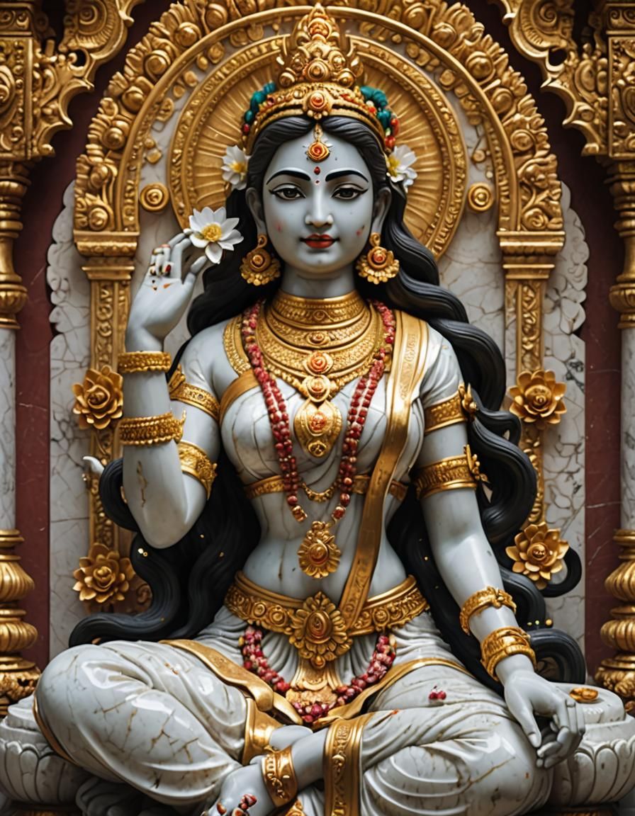 Hindu Goddess Lakshmi Marble Statue in Temple
