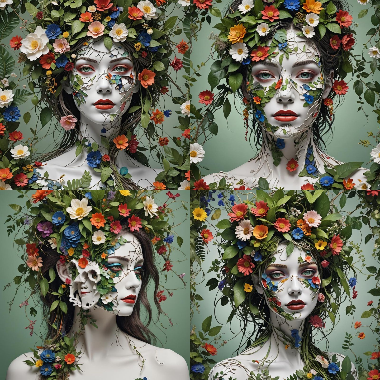 Broken Porcelain Face with Flowers, 3D Render