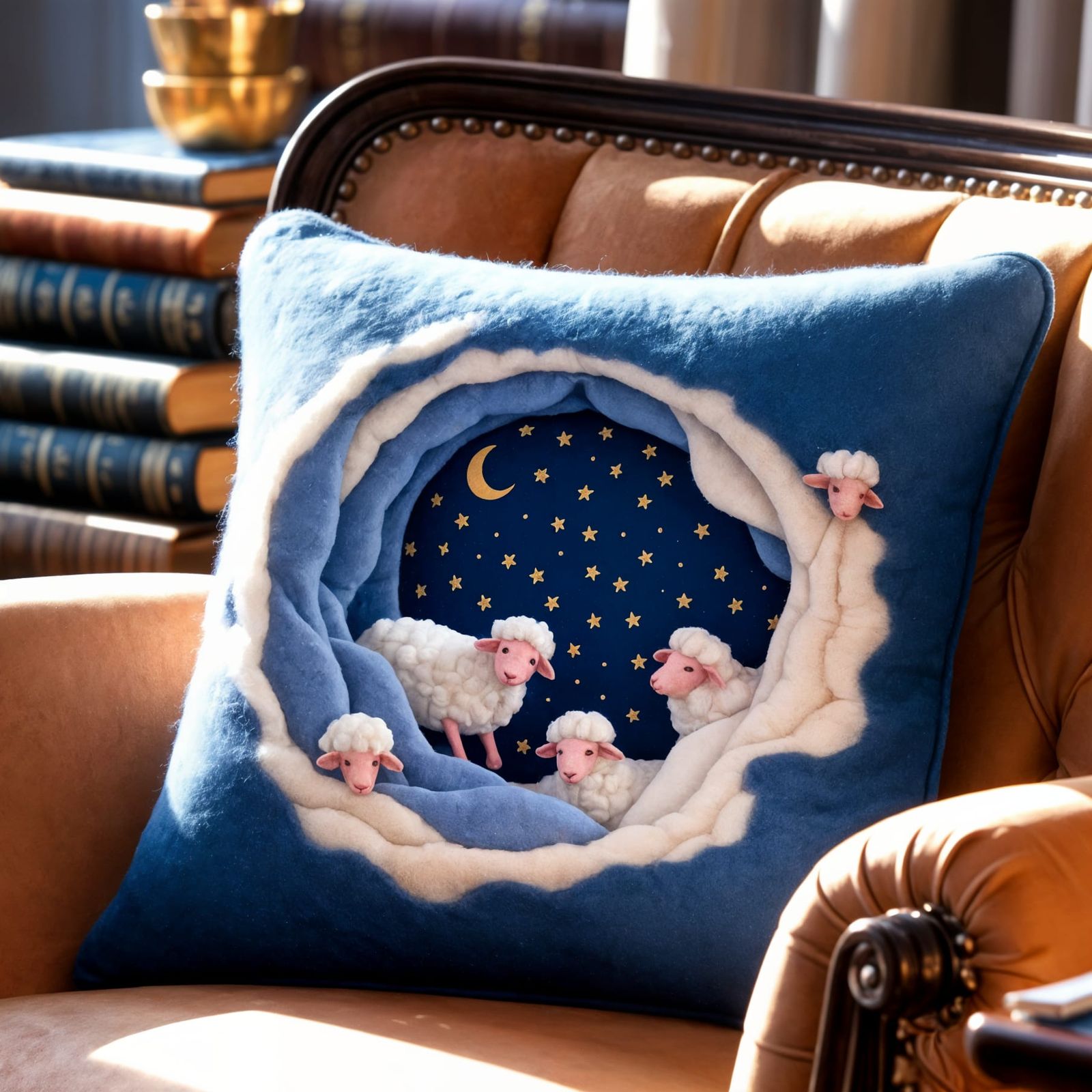 Dreamy Felt Pillow with Sheep in Impressionistic Style