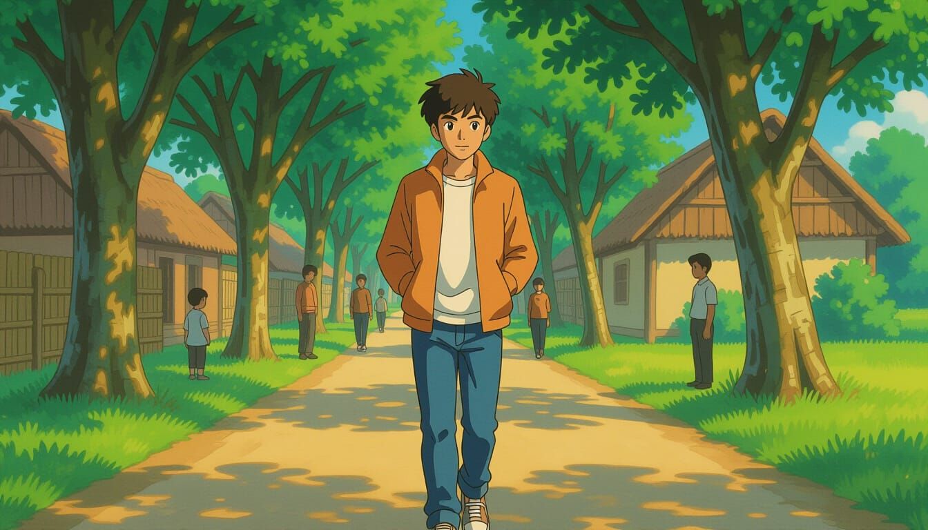 Teenage Indian Boy on Village Path, Ghibli Anime Style