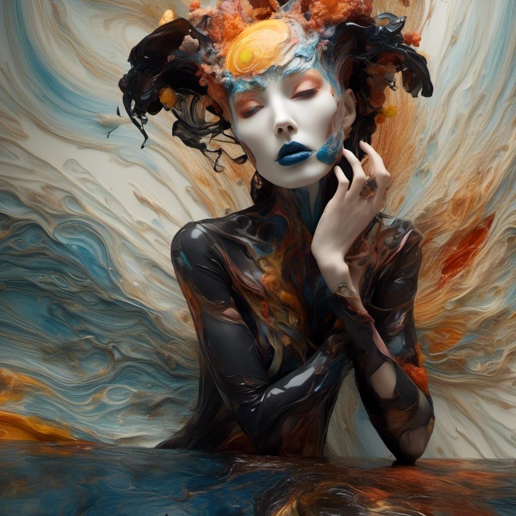 Polychromatic Alien at Table in Hyperrealistic Style