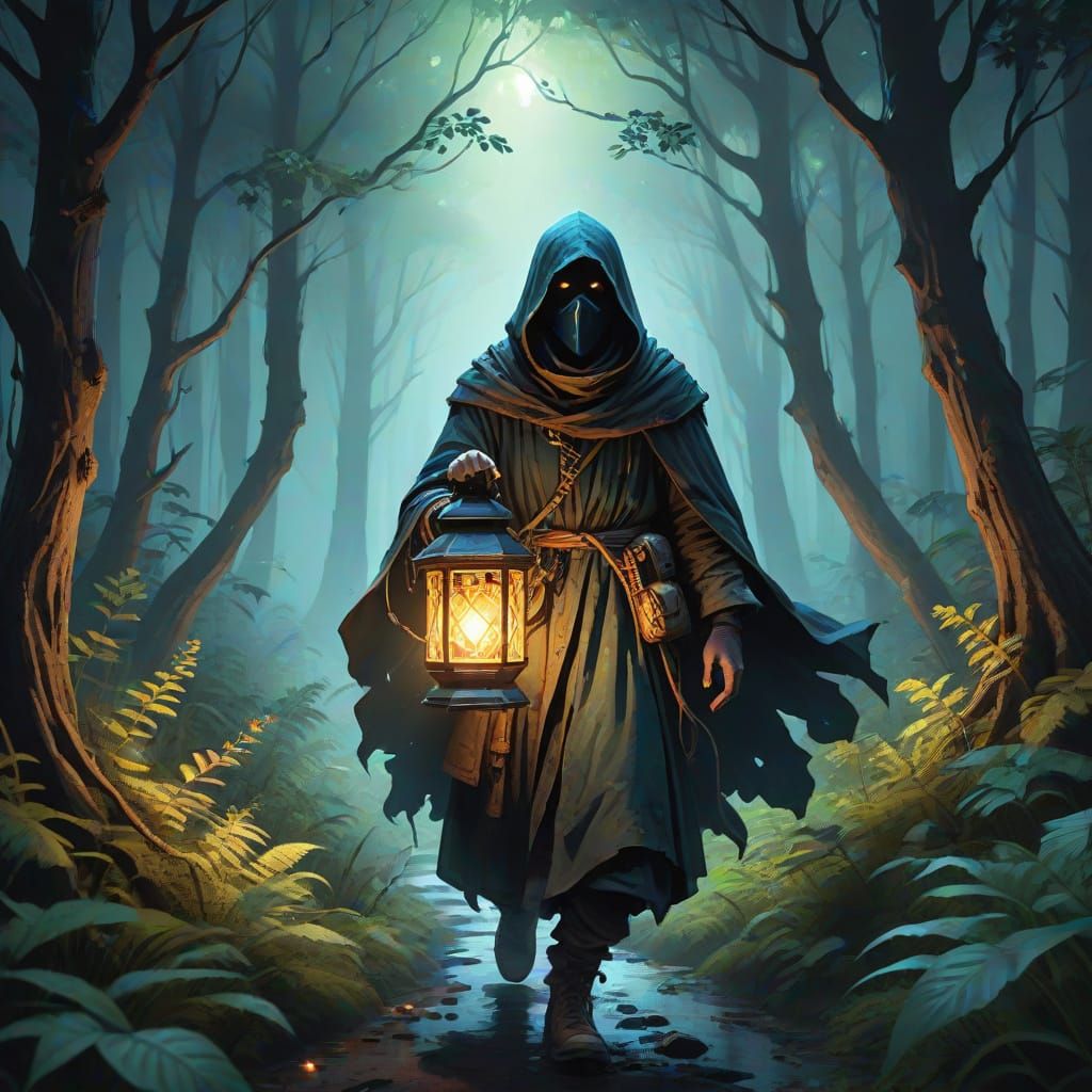Mysterious Traveler in Dark Fantasy Forest