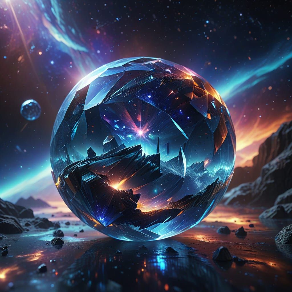"A faceted orb floats in cosmic space, reflecting a blue pla...