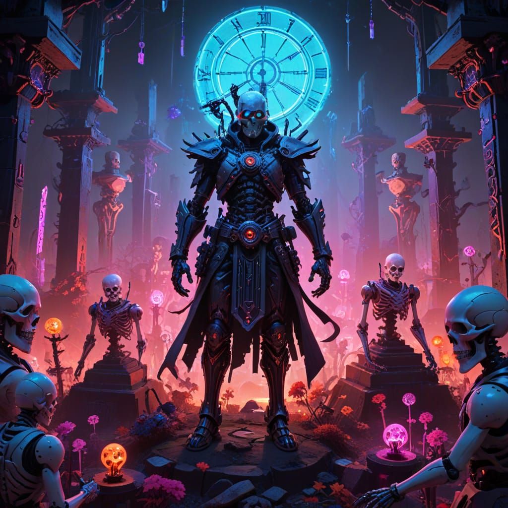 Futuristic Necromancer in Neon Clockwork Graveyard