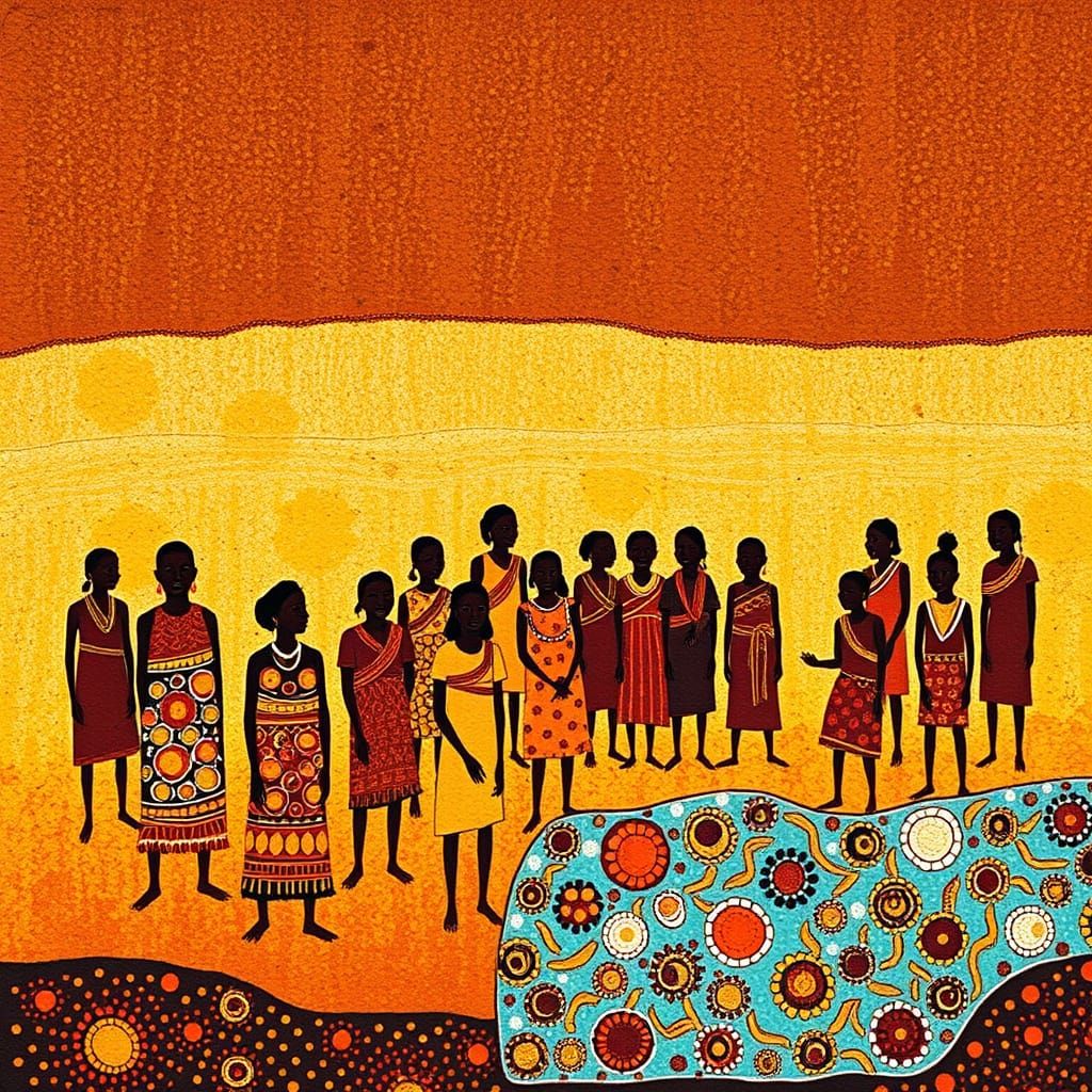 Aboriginal Village Scene in Earthy Tones