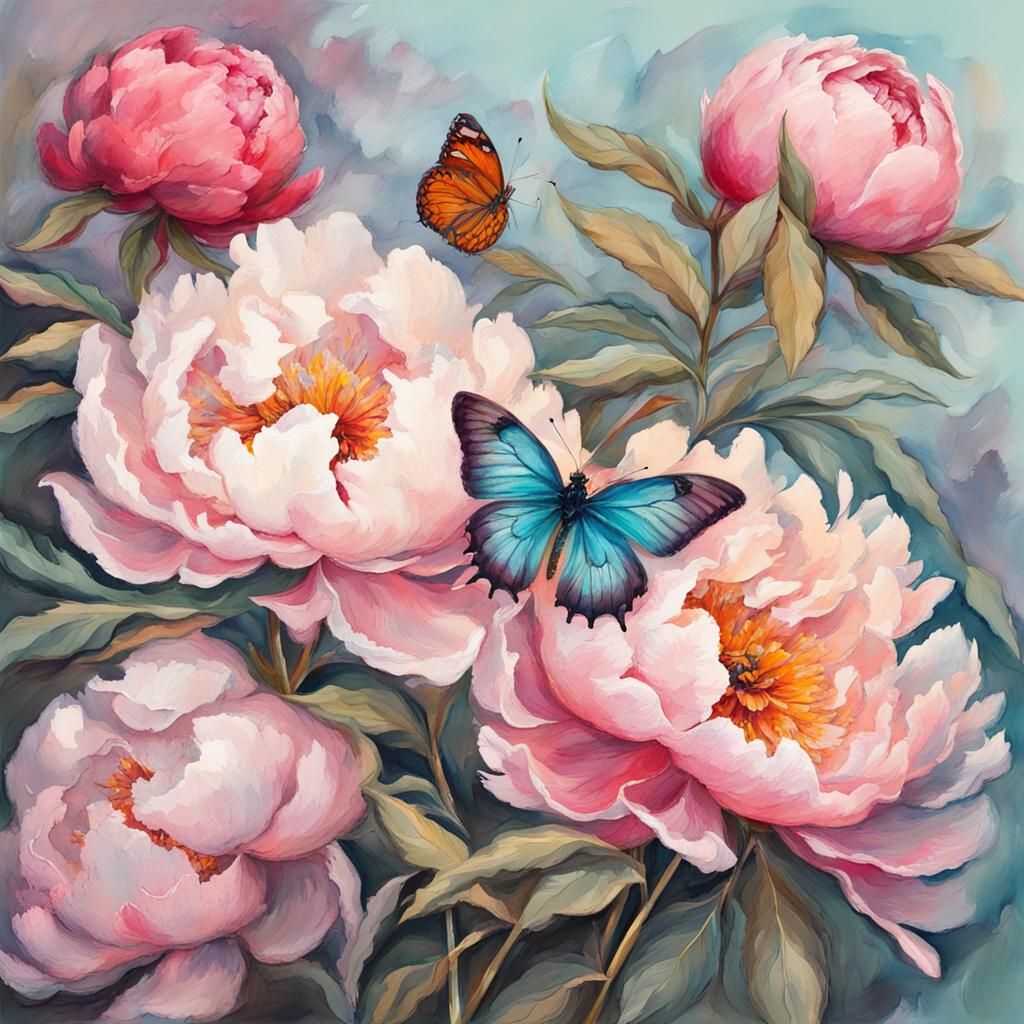 Peony Flower with Butterfly in Gouache Style