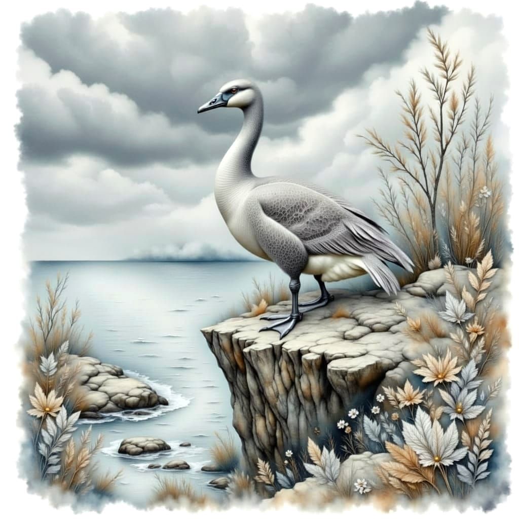 Watercolor Goose on Cliff Overlooking Ocean