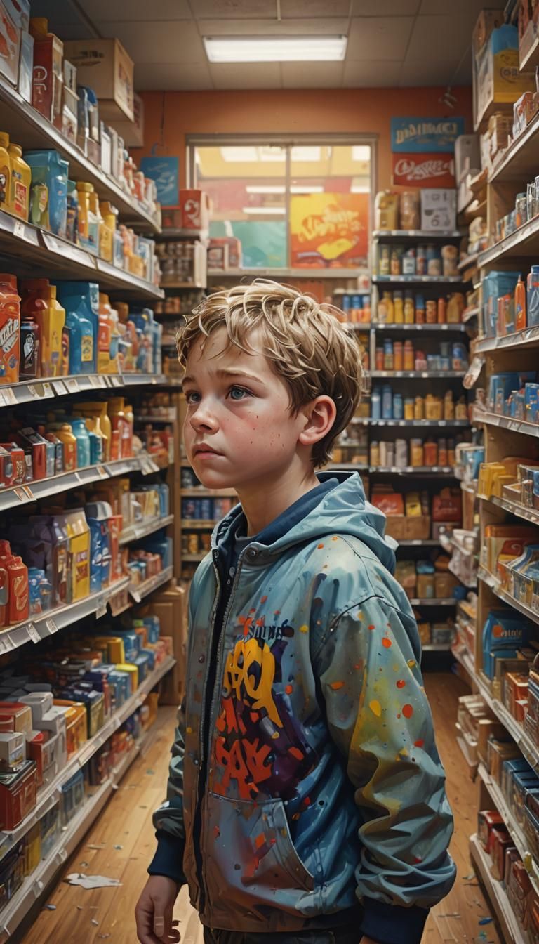 Hyperrealistic Boy at Store, Splash Art Style