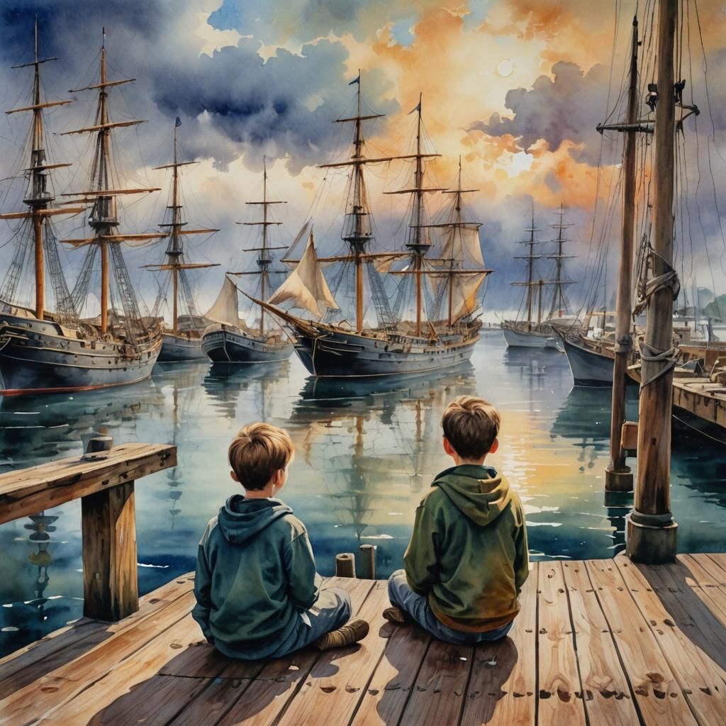 Young boy Sitting on the dock, looking at many tall ships on the water, Ghost ship, fantasy art, beautiful, polished, ra...