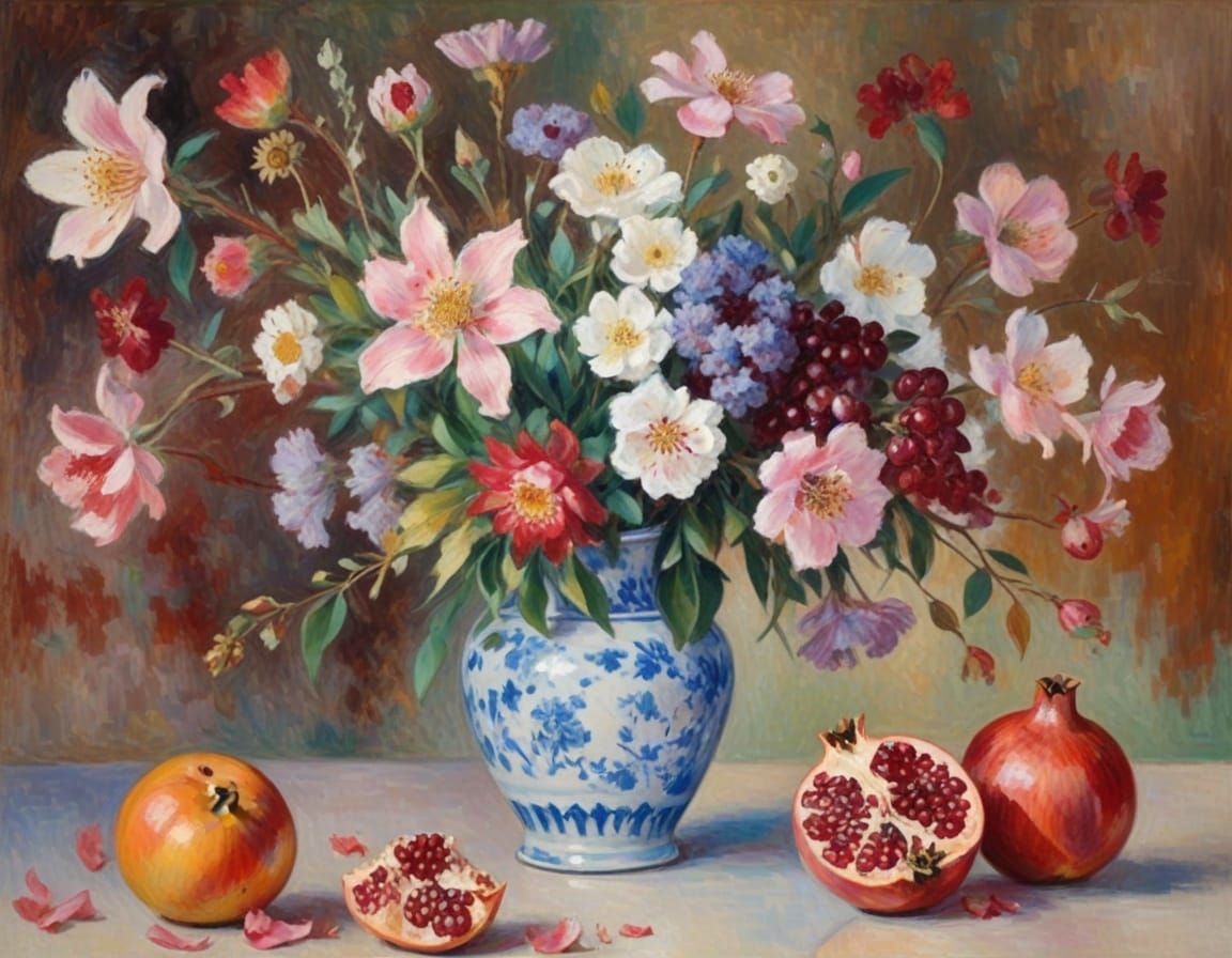 Impressionist Still Life with Vibrant Flowers and Fruits