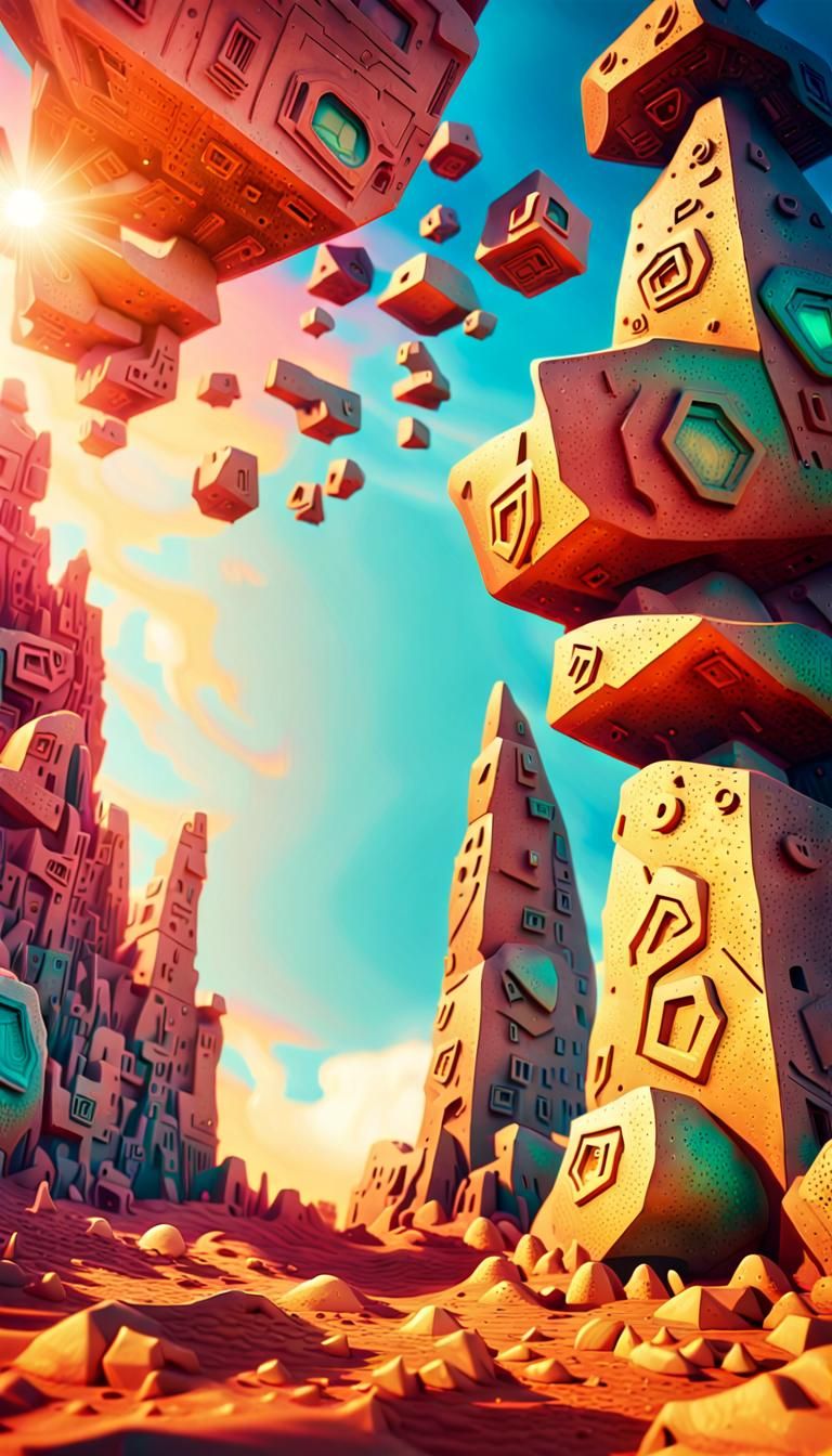Surreal Megalithic Cityscape with Alien Glyphs