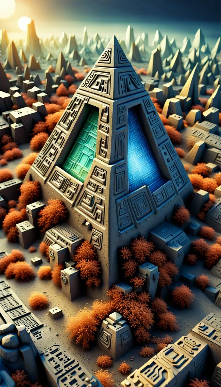 Ancient City with Alien Glyphs: Megalithic Digital Art