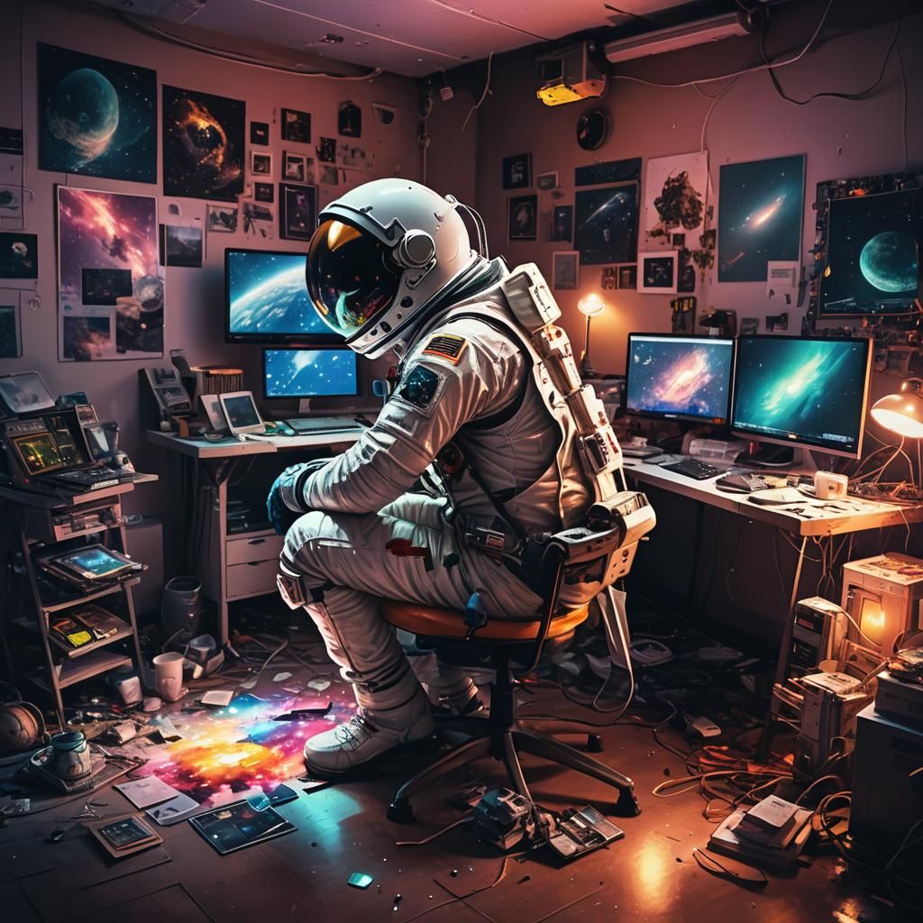 Sci-Fi Digital Artist Surrounded by Space Souvenirs