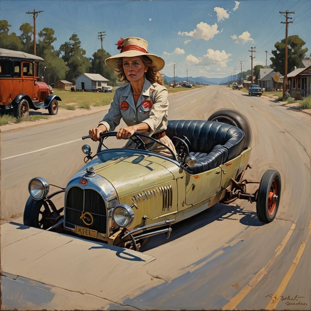 Vintage Car Driving: Oil Painting Style