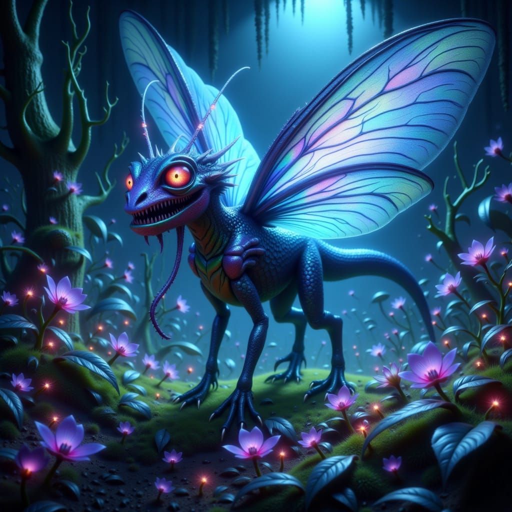 Fantastical Creature in Bioluminescent Forest Digital Painti...