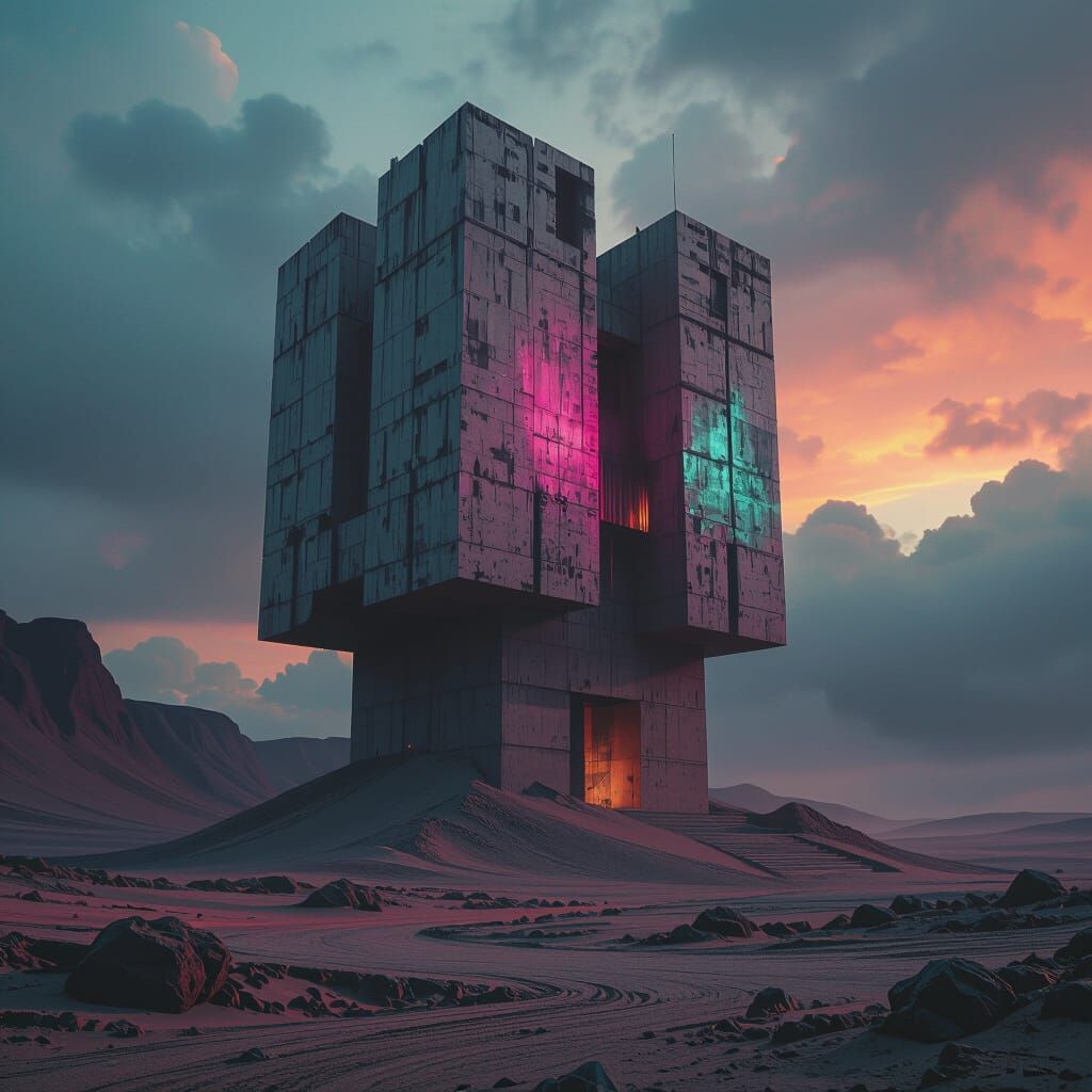 Brutalist Building in Alien Landscape: Psychedelic Film Stil...