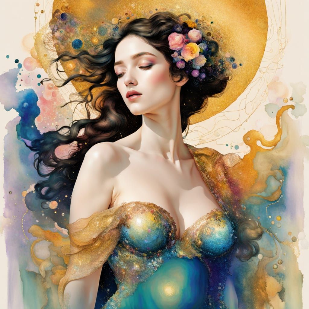 Mediterranean Goddess in Vibrant, Whimsical Style