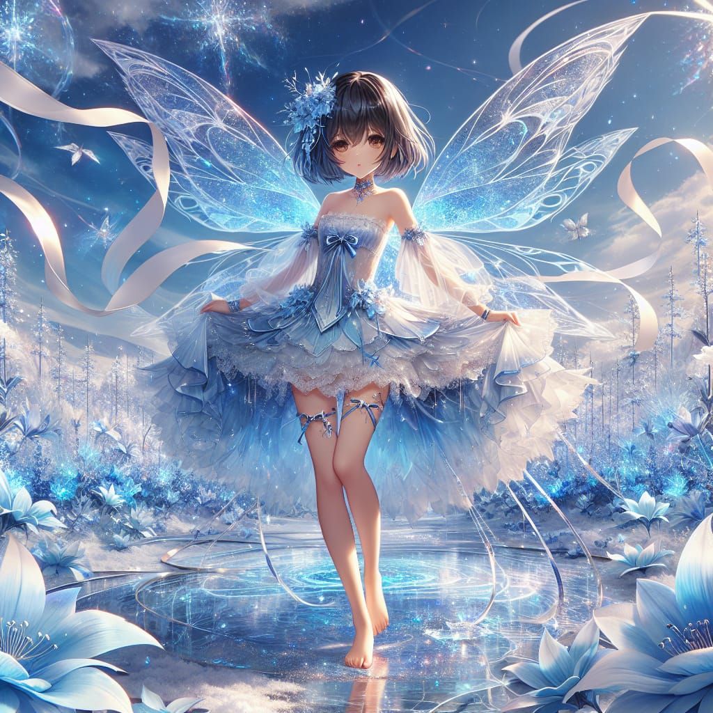 Anime Fairy Girl in Ice-Blue Landscape