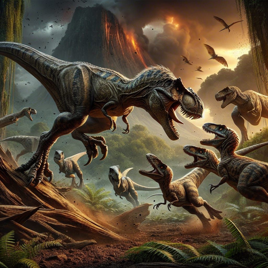 Dramatic Prehistoric Battle in a Rugged Jungle Setting