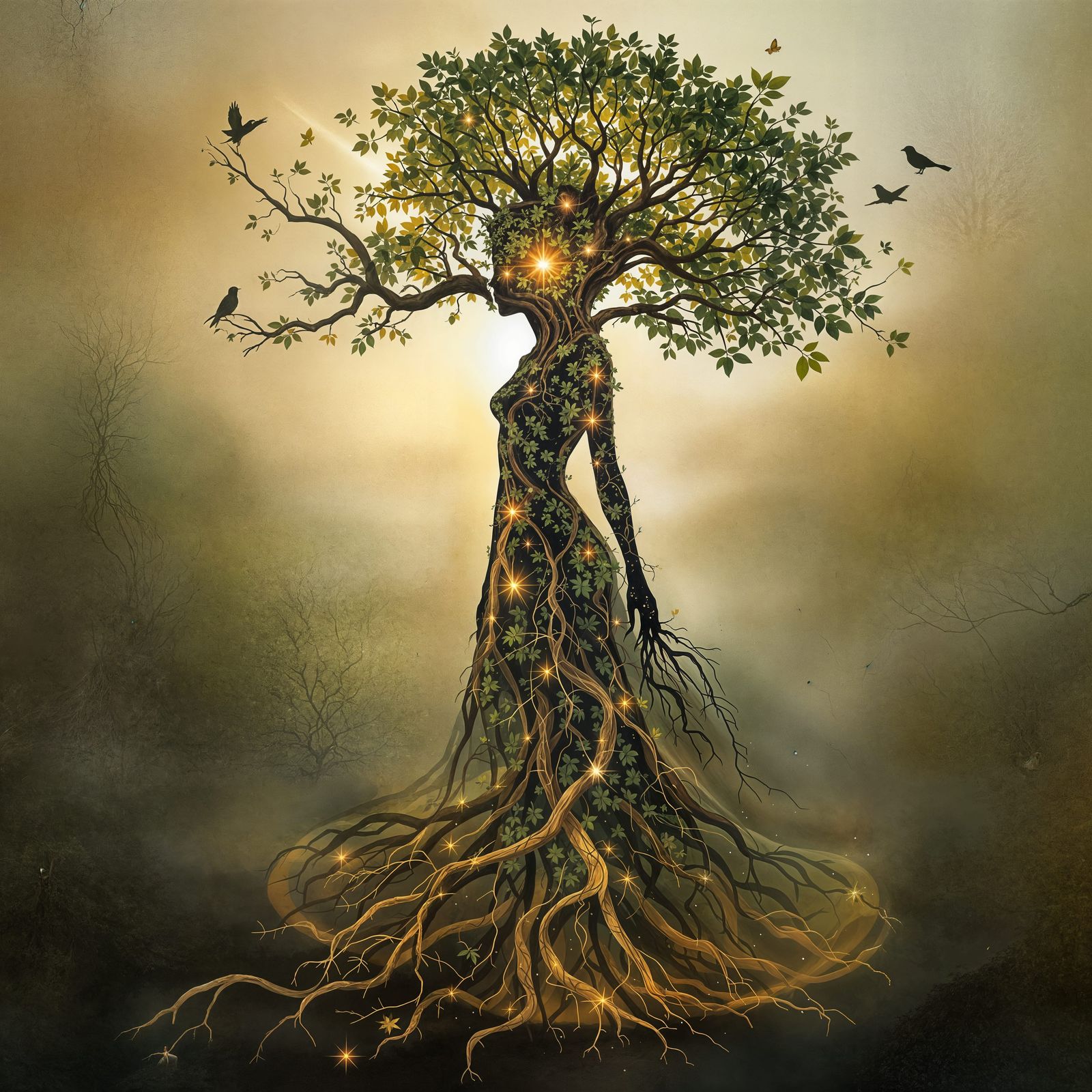 A Woman Transforms into a Tree in a Dreamlike Digital Painti...