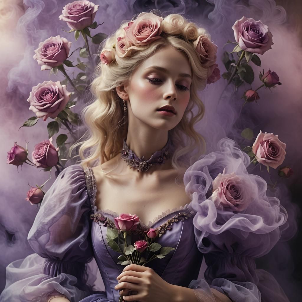 Ethereal Smoke Woman with Roses in Surreal Style